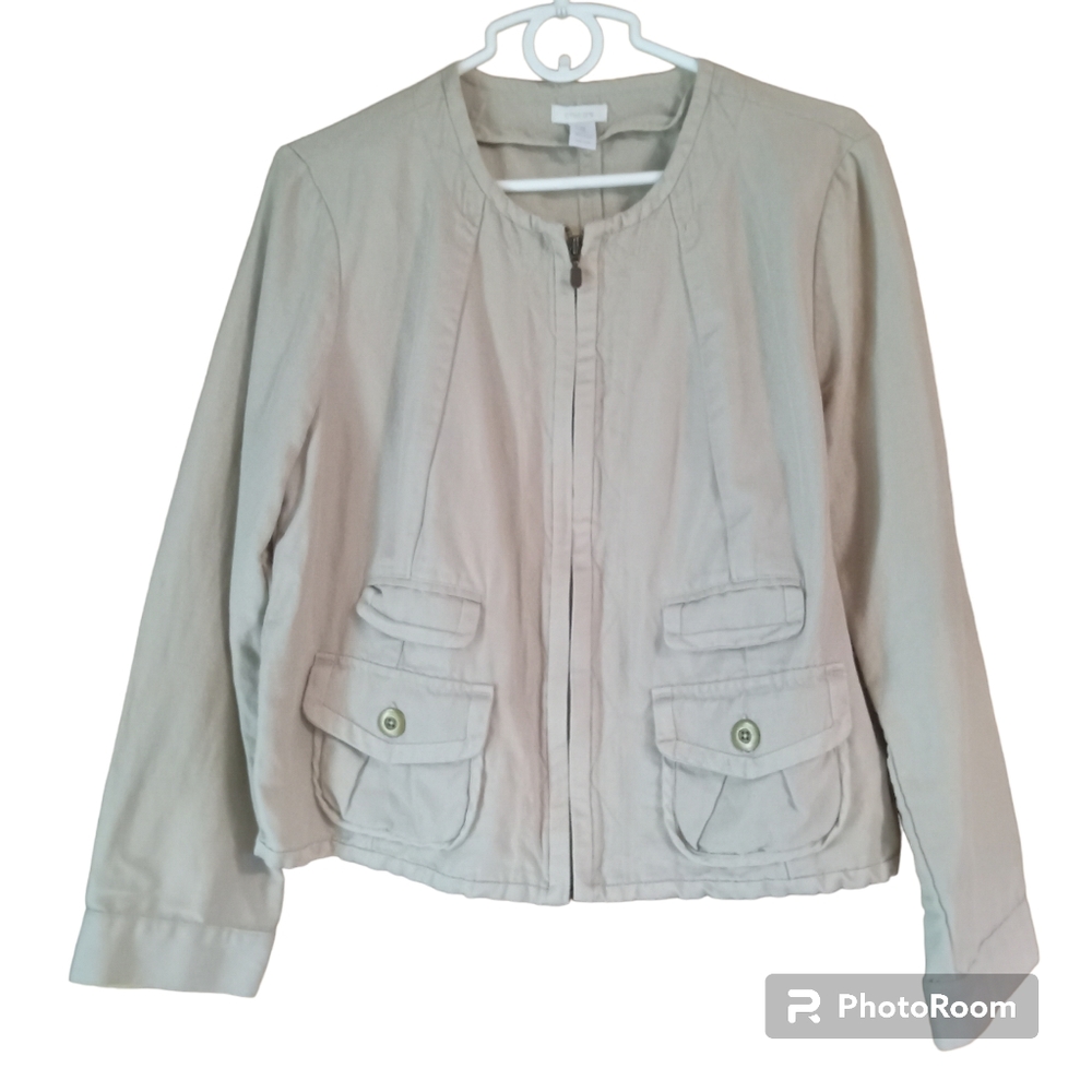 Chicos Linen Blend Jacket ( Large 12) Tan Full Zip. Excellent con…